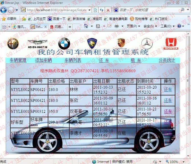 计算机源码设计实例-基于struts汽车租赁管理系统截图